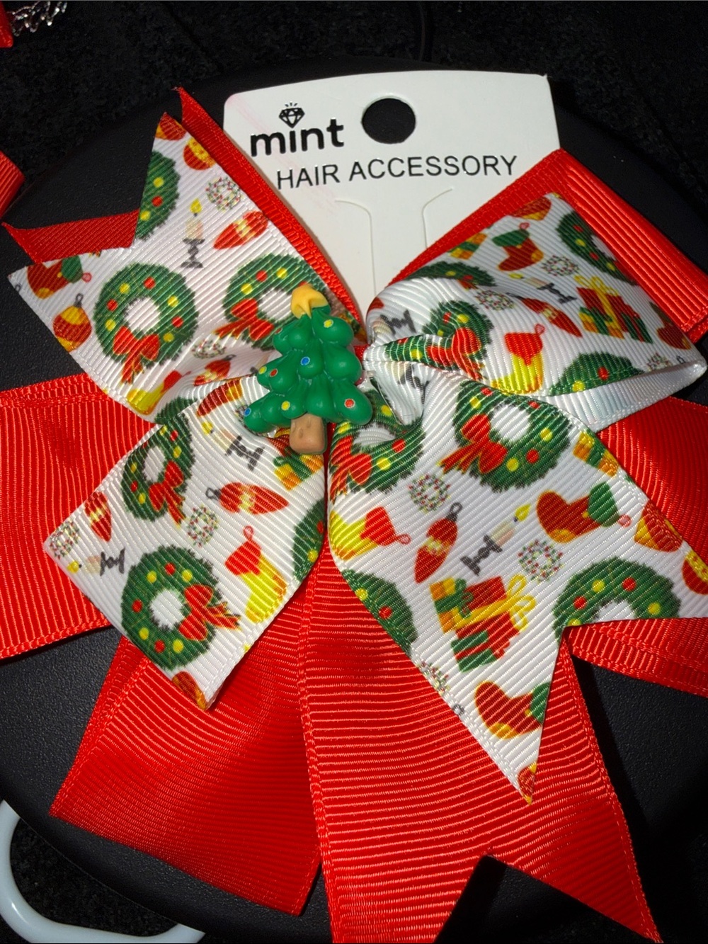 Mint Red and White Christmas Wreath & Tree Bow Hair Accessory